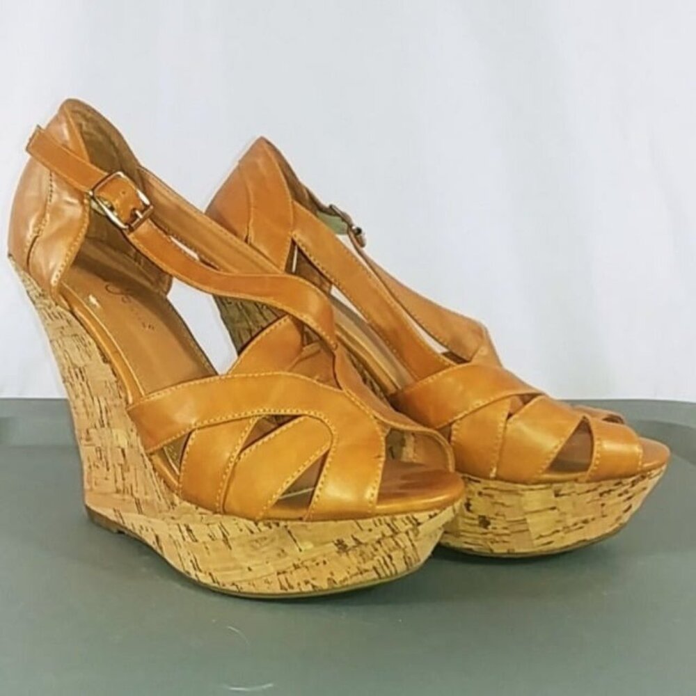 Fashion Focus Shoes Women's Tan Cork Wedge Open Toe Heel Size 8.5